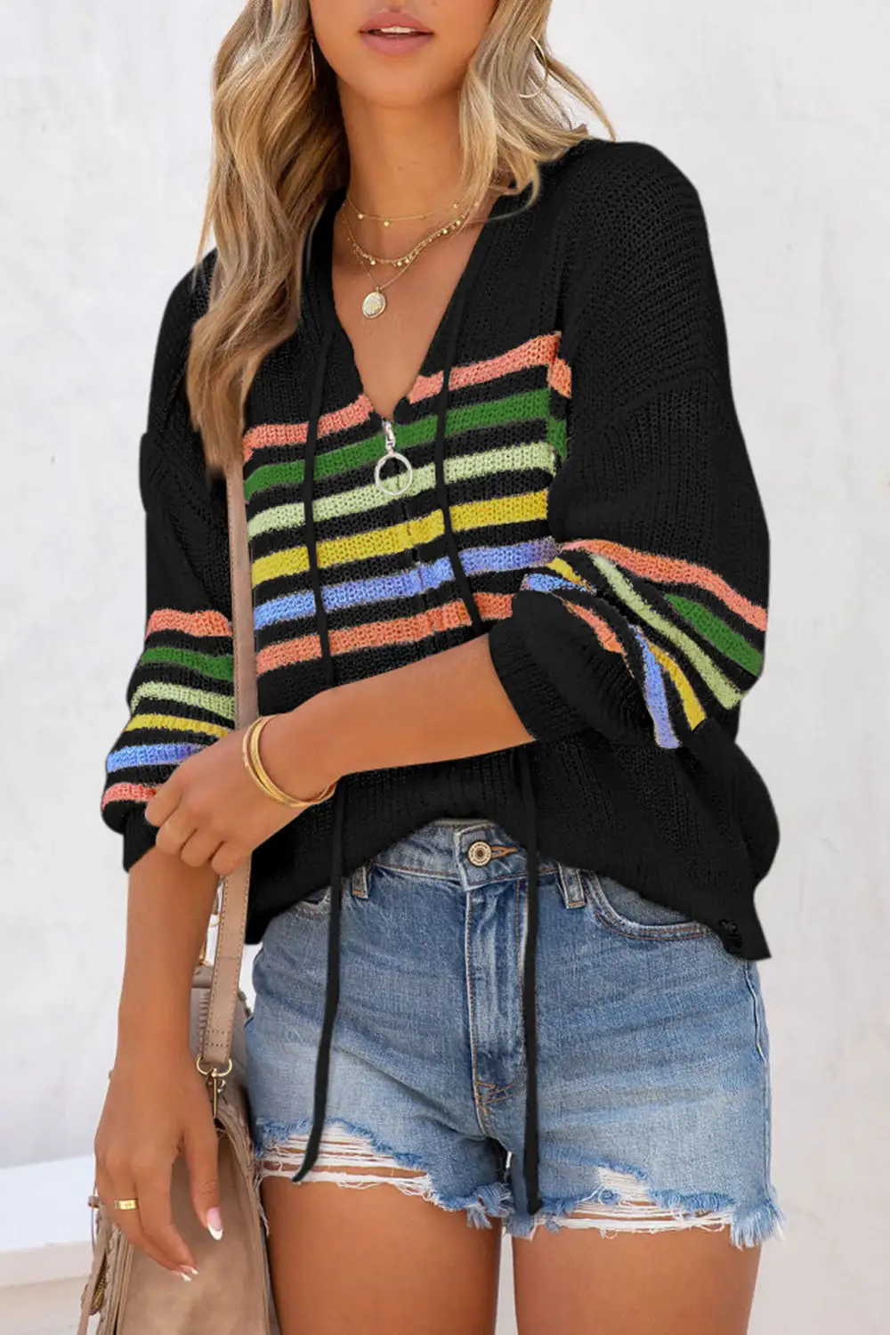Striped Detail Zip Up Hooded Cardigan