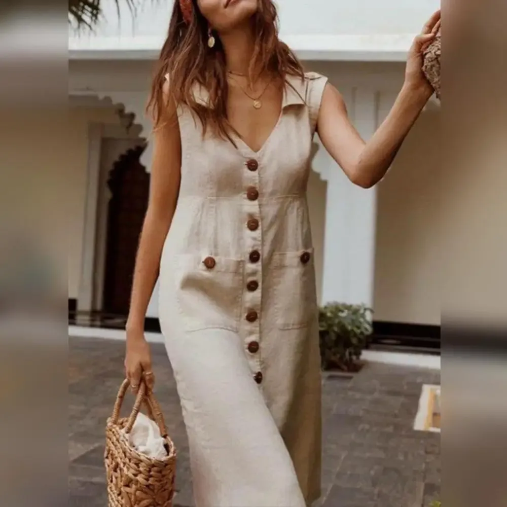 Sleeveless Linen Blend Cotton Blend Swing Dress
