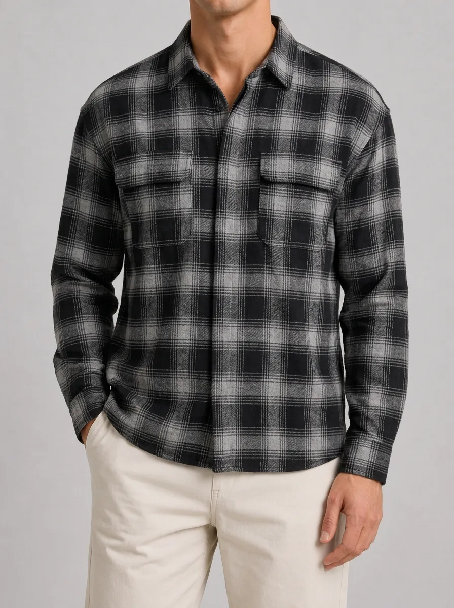 Men's Casual Style Black Grey Plaid Pattern Long Sleeve Shirt