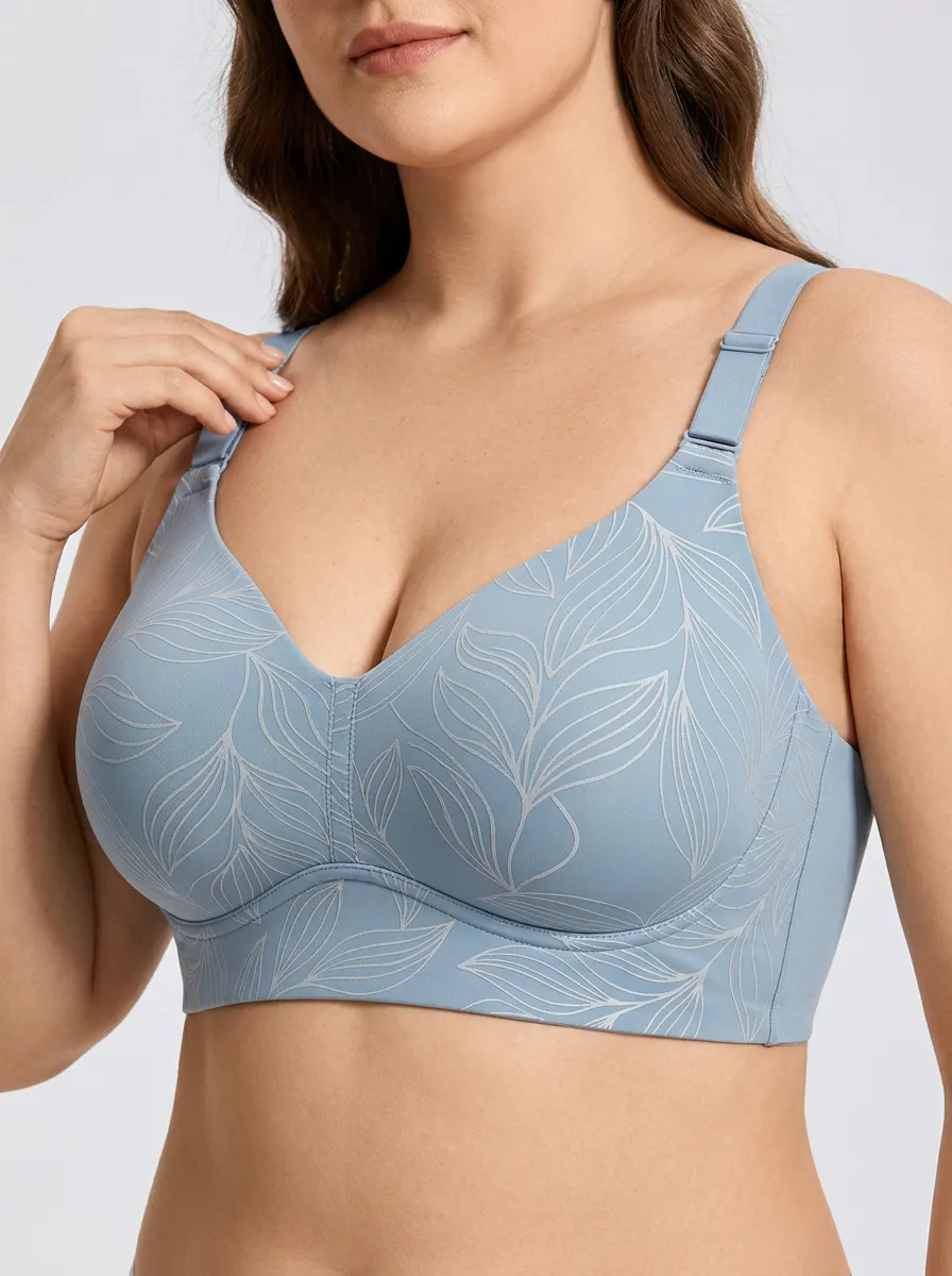 Women's Plus Size Dusty Blue Leaf Full-Coverage V-Neck Wireless Bra
