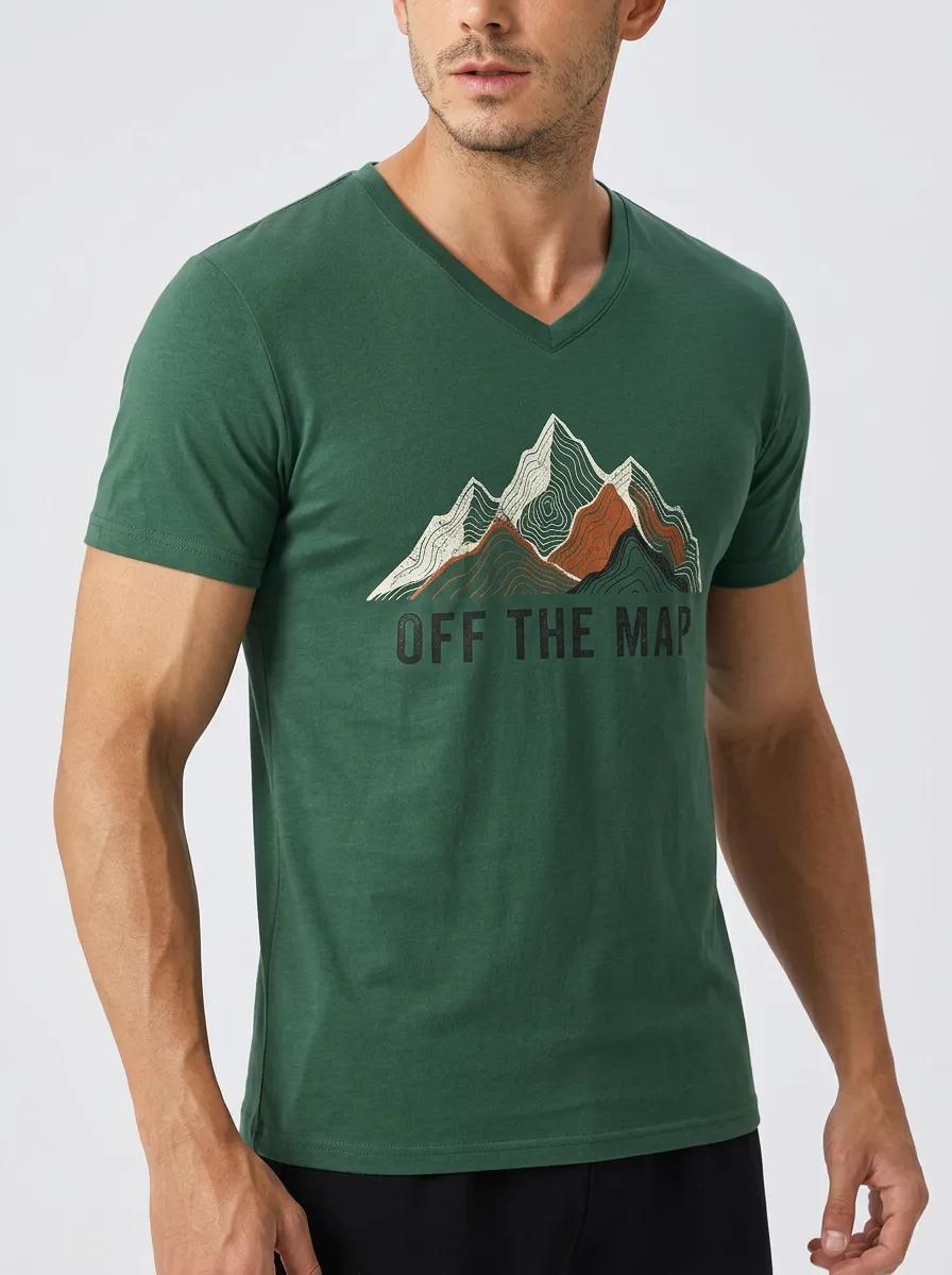 Men's Hiking Lover Off The Map Mountain Printed V-Neck T-Shirt