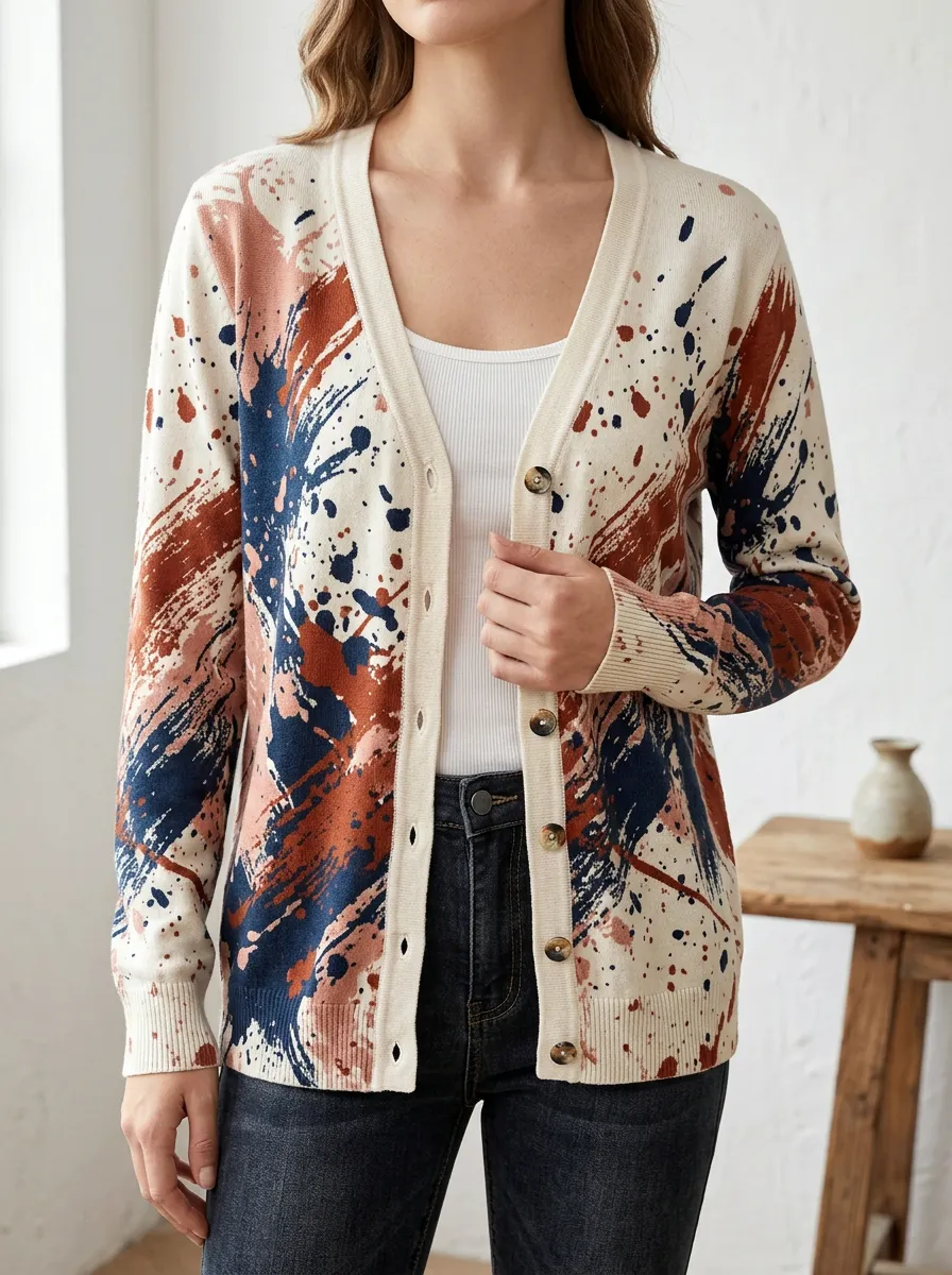 Women's Abstract Paint Splatter Printed V-Neck Relaxed Layering Cardigan