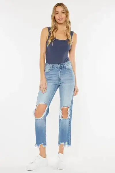 High Waist Chewed Up Straight Mom Denim Jeans