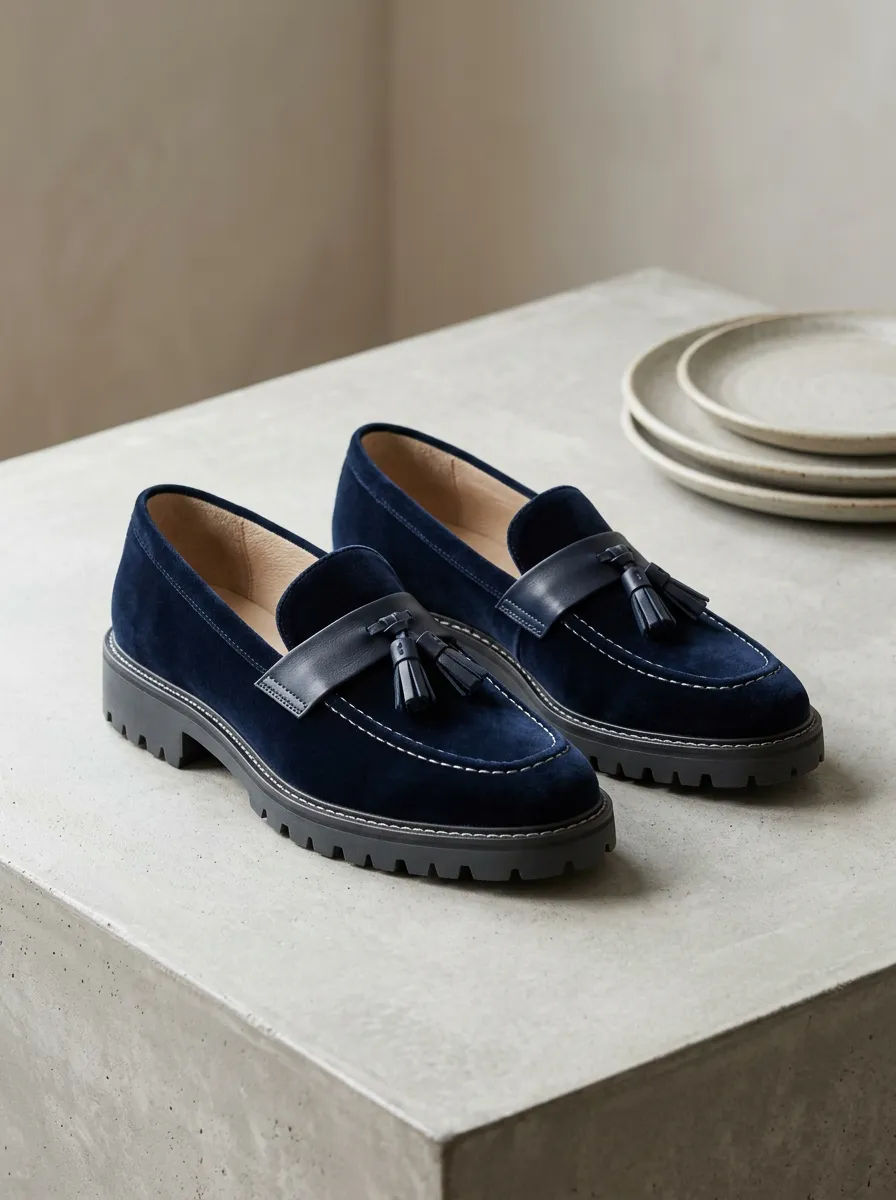 Unisex Navy Blue Suede Tassel Lug Sole Loafers