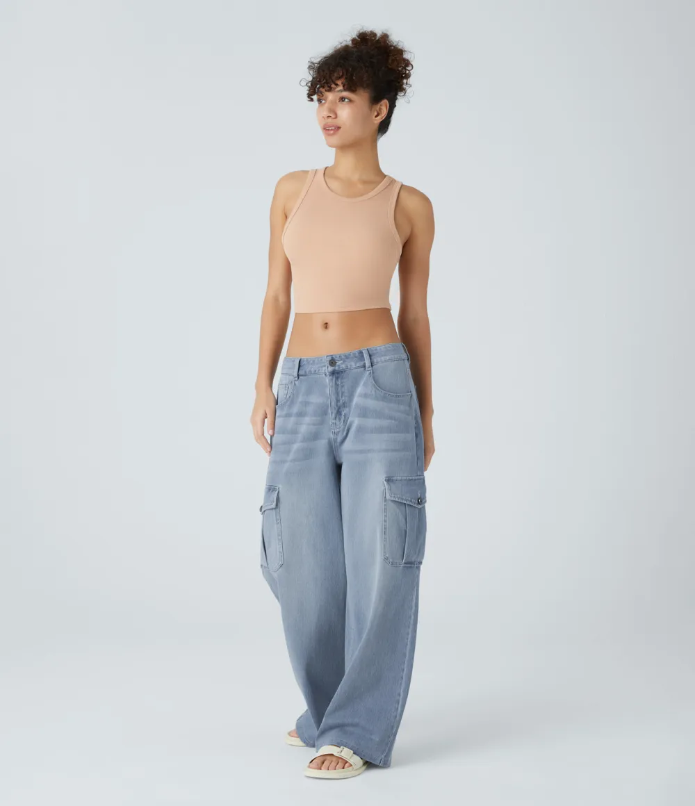 Magic Low Rise Multiple Pockets Stretchy Knit Casual Wide Leg Cargo Jeans