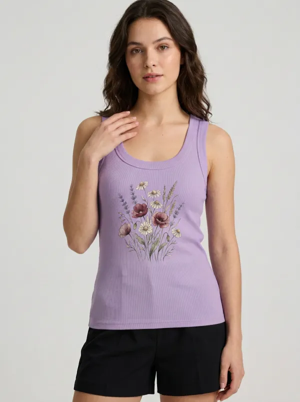 Women's Botanical Nature Lover Wildflower Bouquet Printed Ribbed Tank Top