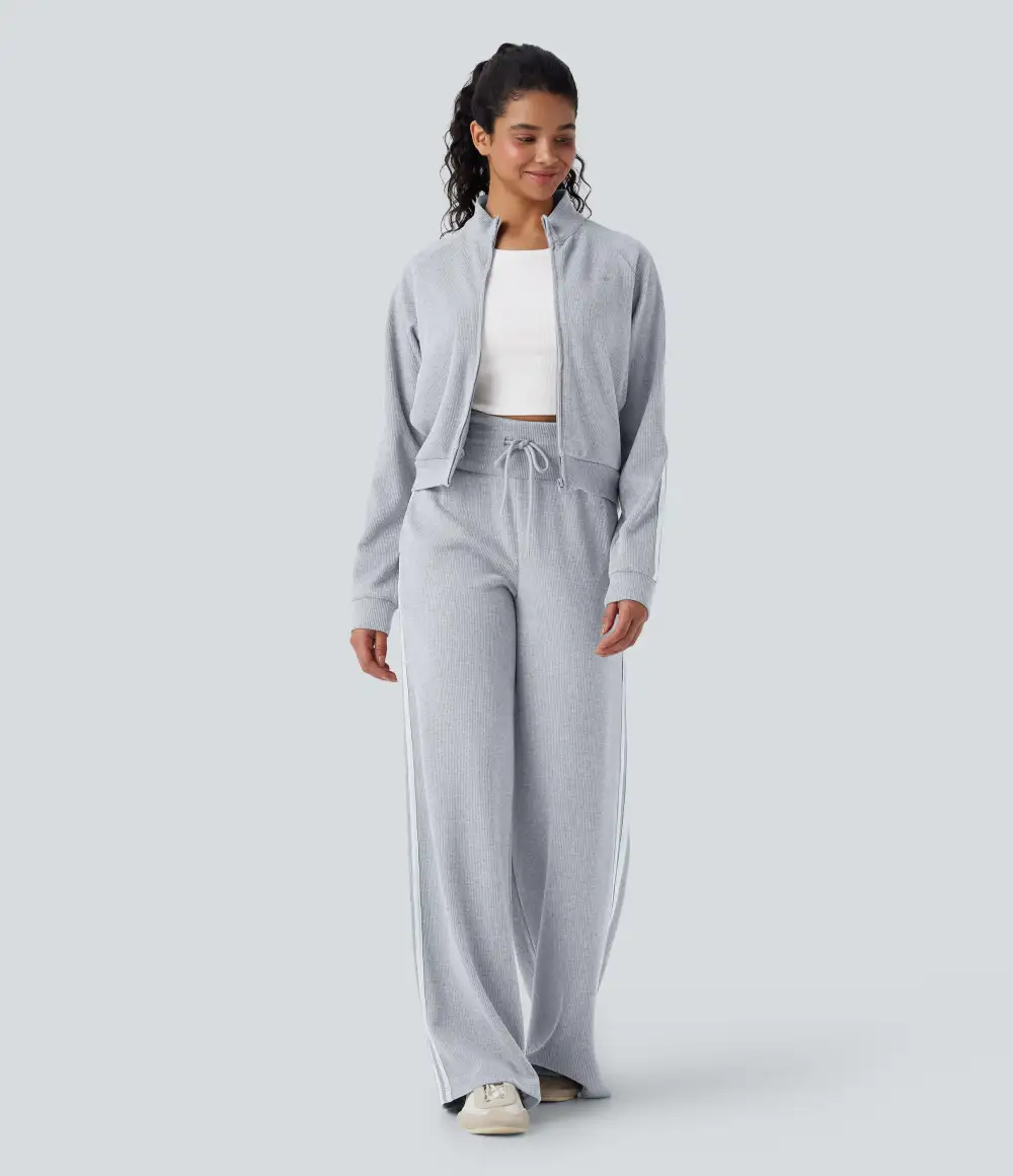 2026🔥 Ribbed SoCinched High Waisted Tummy Control Drawstring Wide Leg Color Block Casual Trousers with Pockets