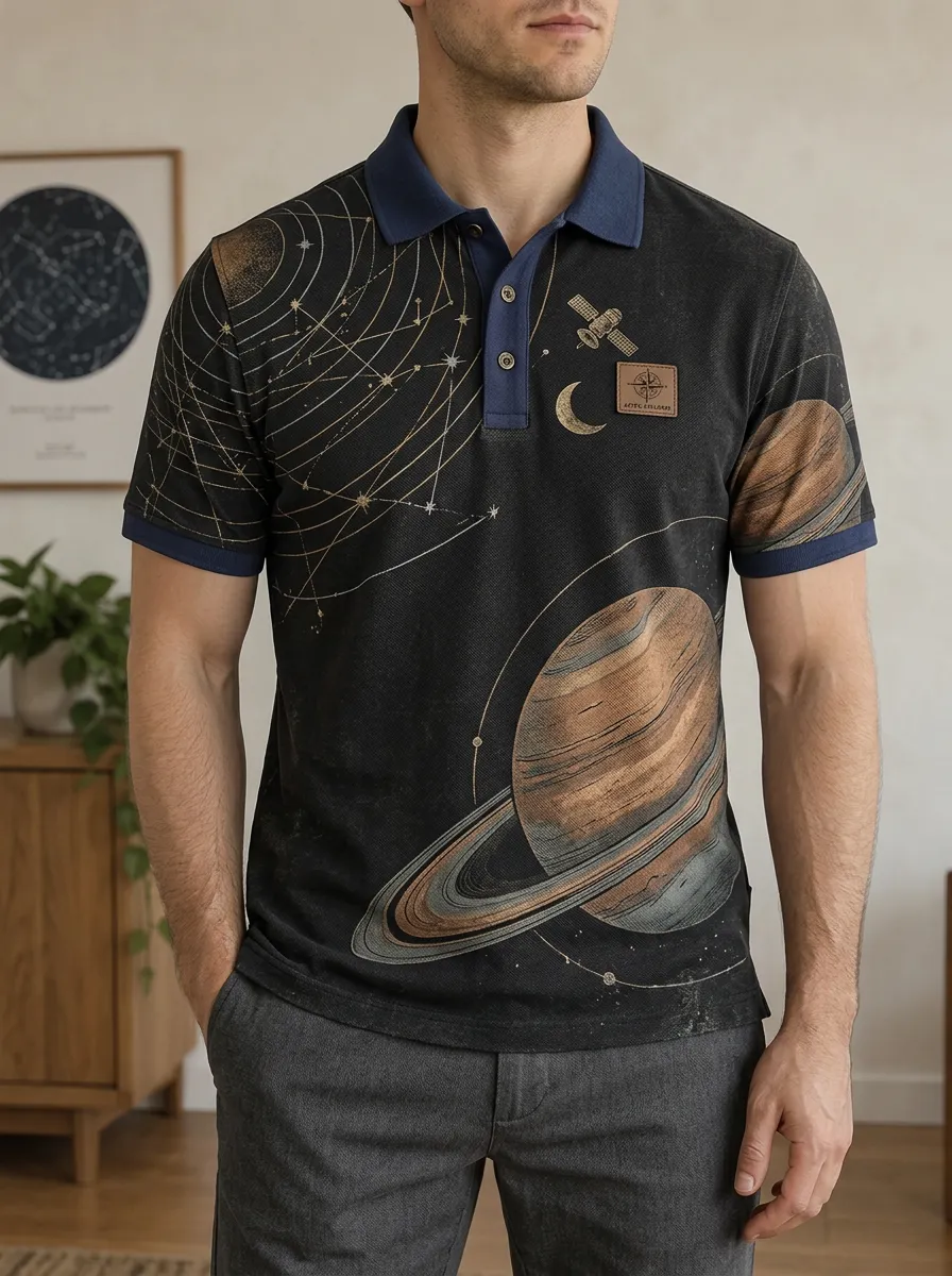 Men's Space Astronomy Planet Saturn Printed Polo Shirt