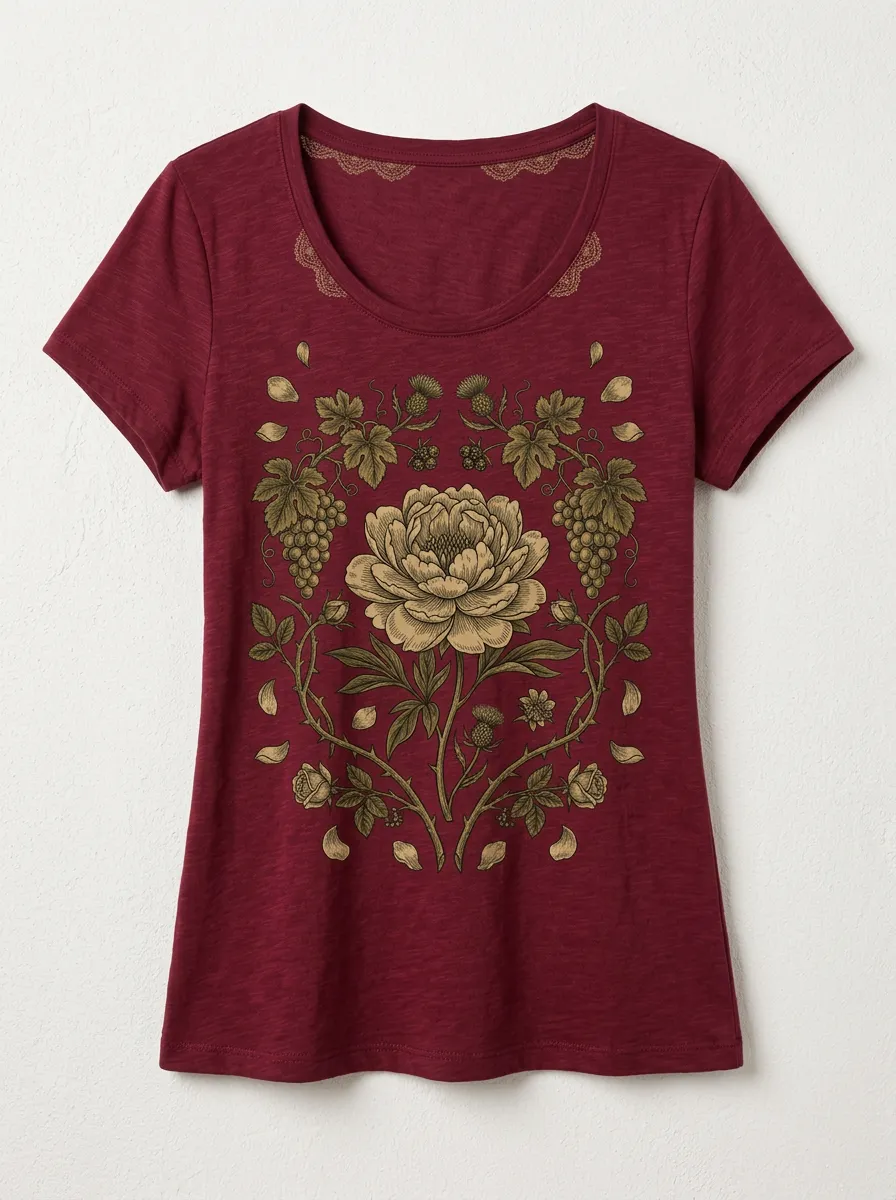 Women's Botanical Lover Peony Grapevine Printed T-shirt