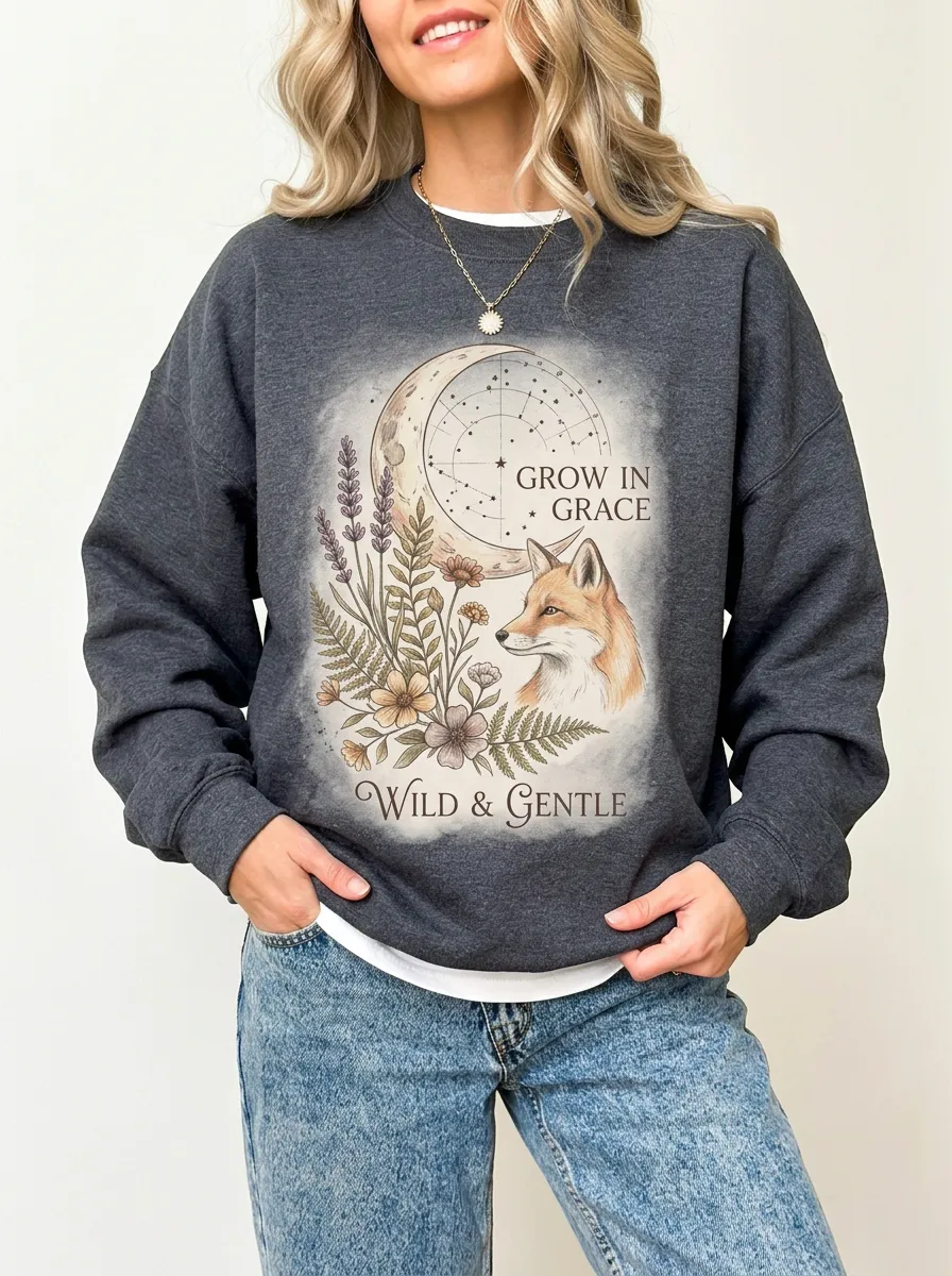 Women's Celestial Fox Floral Grow In Grace Graphic Sweatshirt