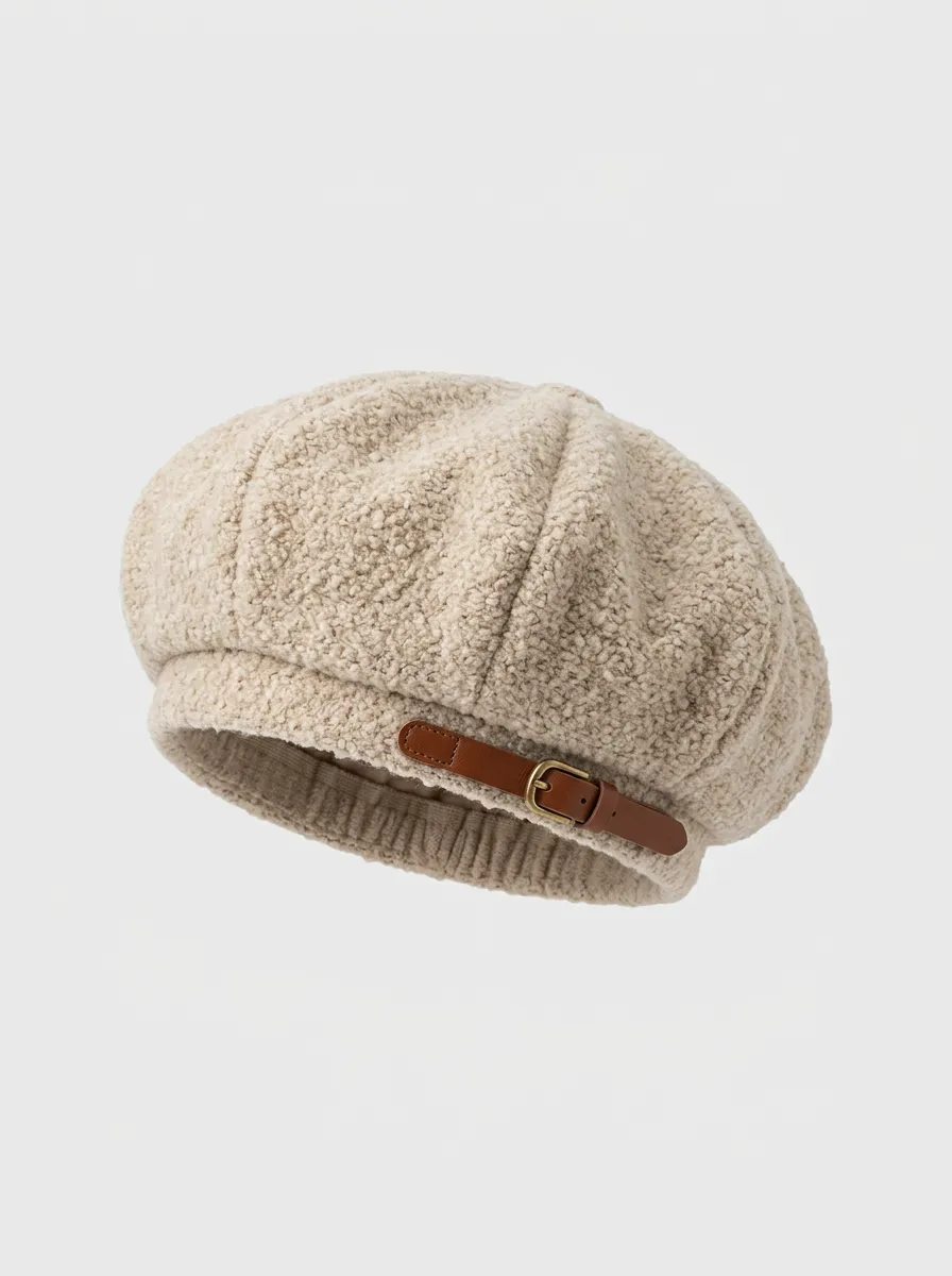 Unisex Beige Sherpa Fleece Buckle-Detail Beret
