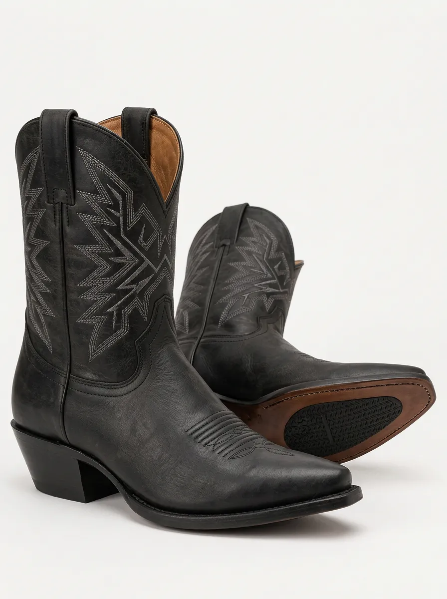 Men's Red Embroidered Detail Cowboy Boots with Traditional Profile