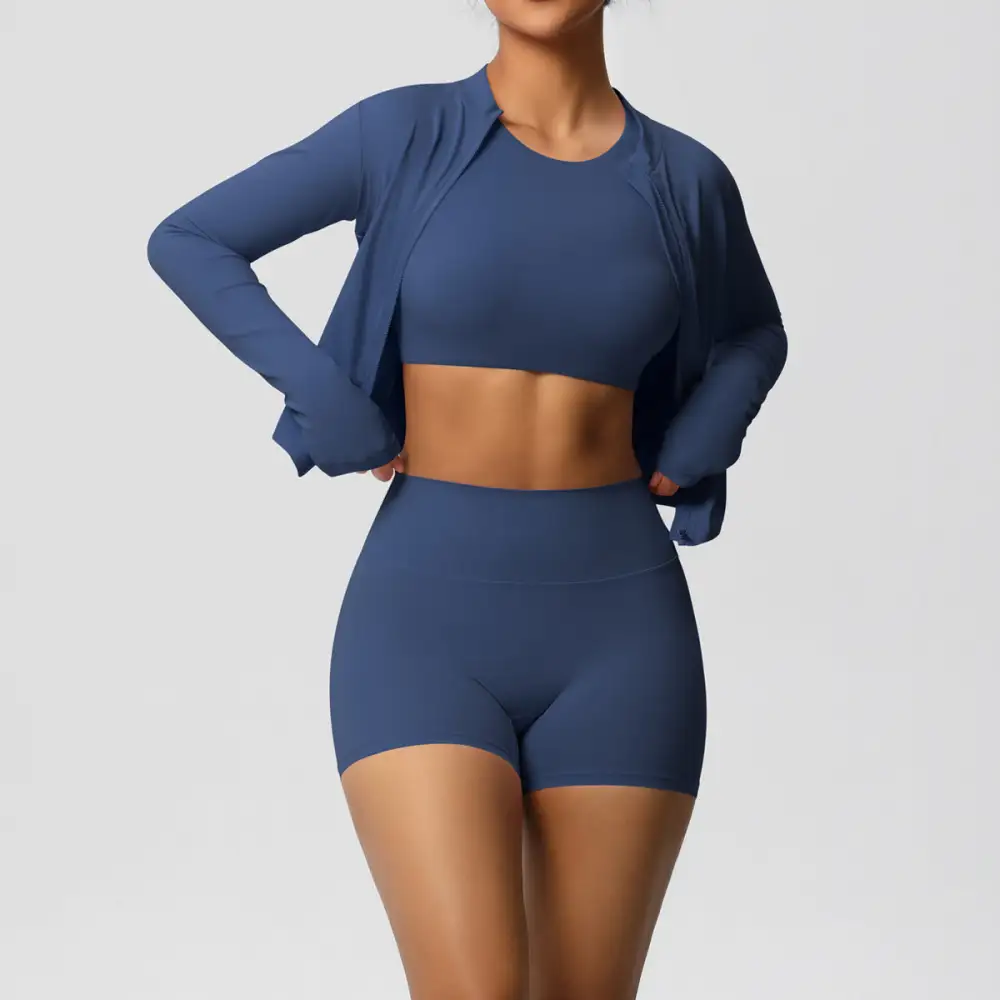Zip-Front Long-Sleeve Jacket, Bra and Shorts Active Set