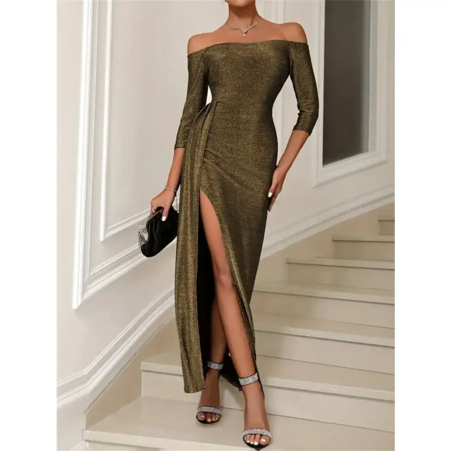 Slit Off-Shoulder Long Sleeve Midi Dress