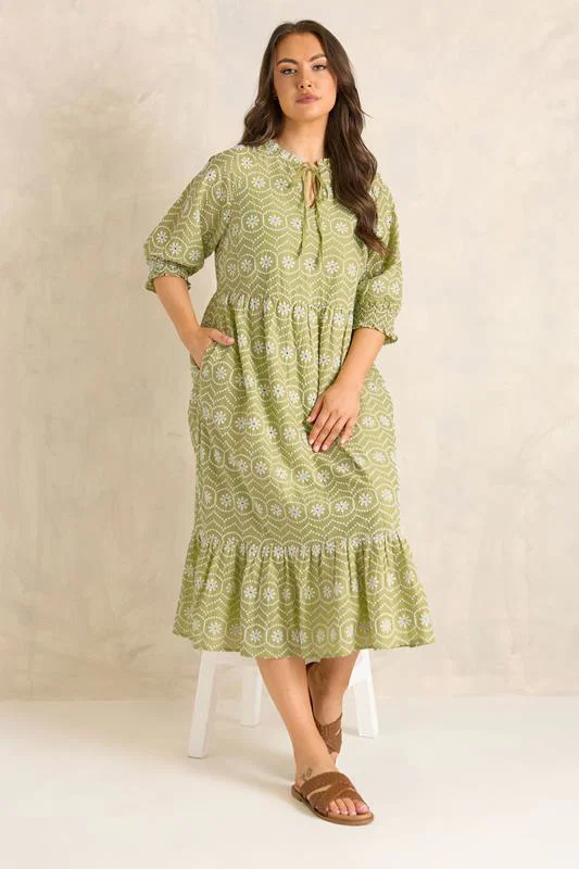 Green Tie Neck Broderie Cotton Maxi Dress detail 2