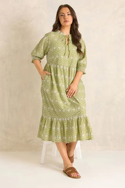 Green Tie Neck Broderie Cotton Maxi Dress