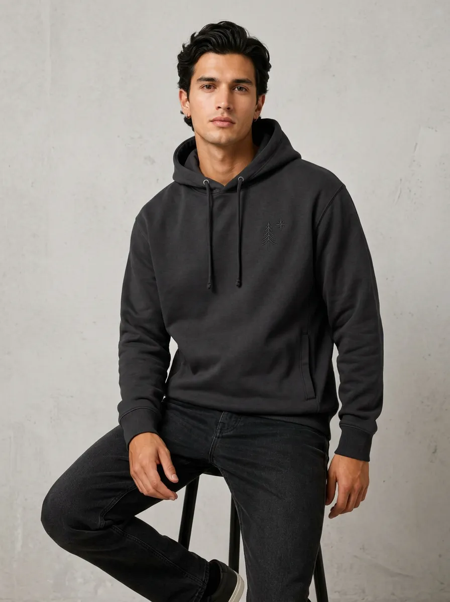 Men's Pine Tree Compass Graphic Pullover Chest-Detail Hoodie