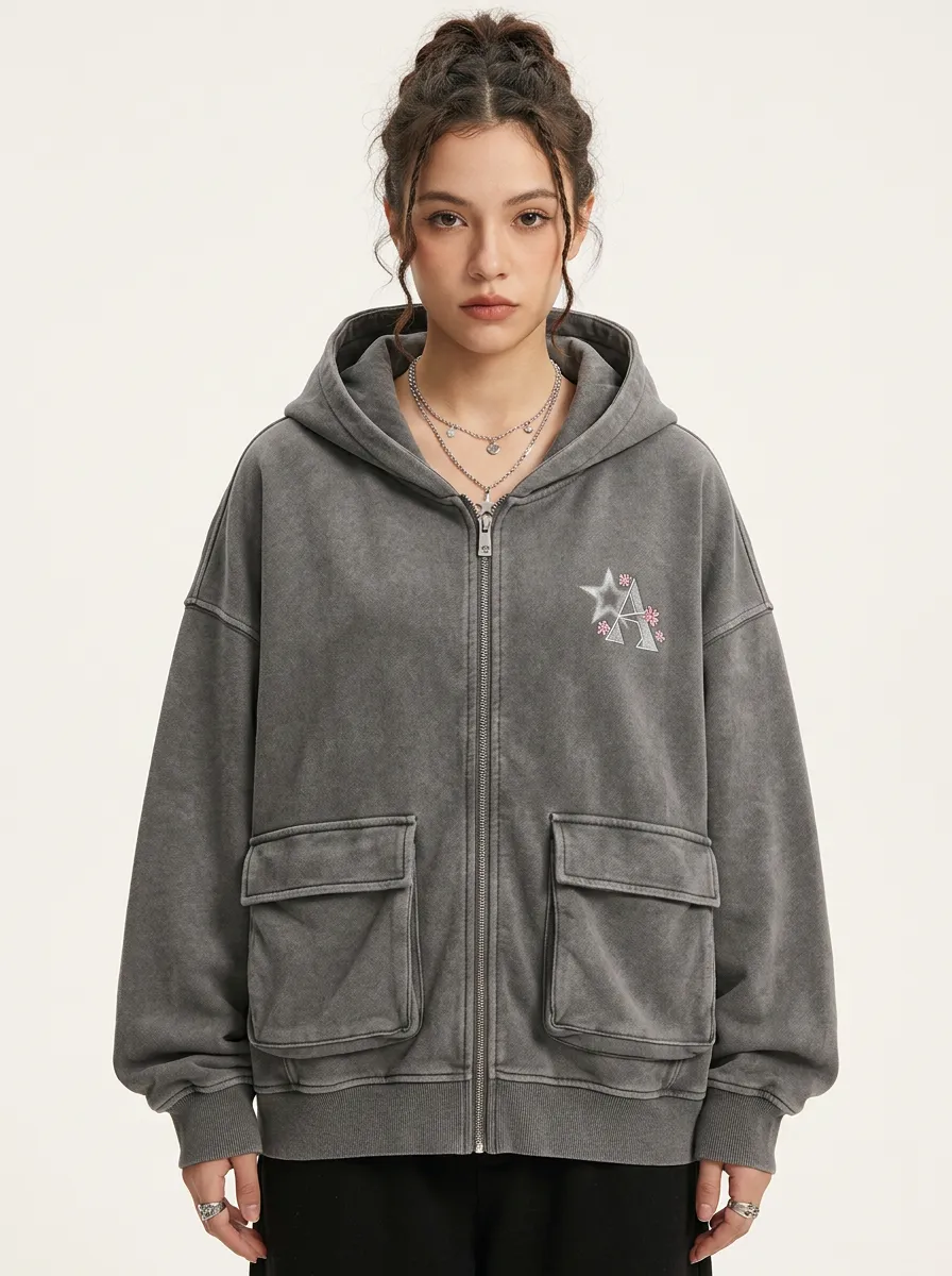 Unisex Streetwear Star A2 Graphic Printed Zip-up Hoodie