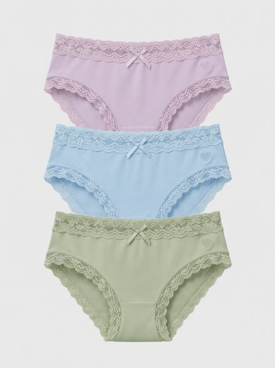 Women's Pastel Heart Embroidered Lace Trimmed Panties 3-Pack