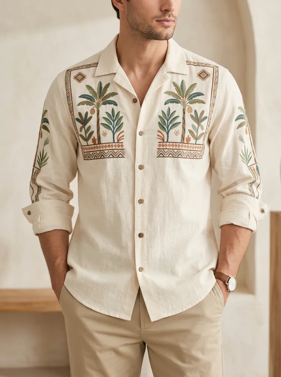 Men's Refined Palm Tree Embroidered Shirt