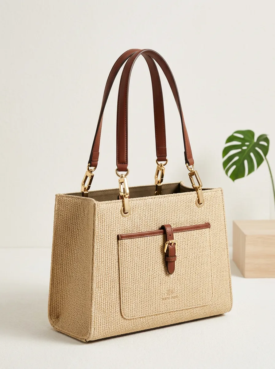 Straw-Style Leather-Trim-Look Buckle Women's Tote Bag