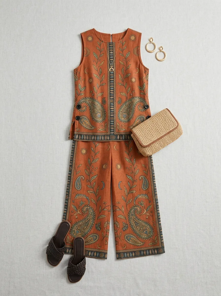 Women's Bohemian Paisley Floral Printed Sleeveless Set