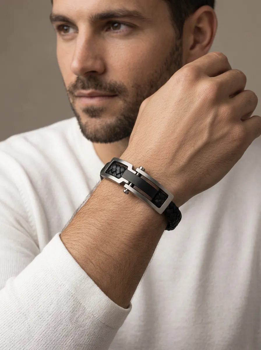 Men's Clean Line Braided Leather Stainless Steel Clasp Bracelet