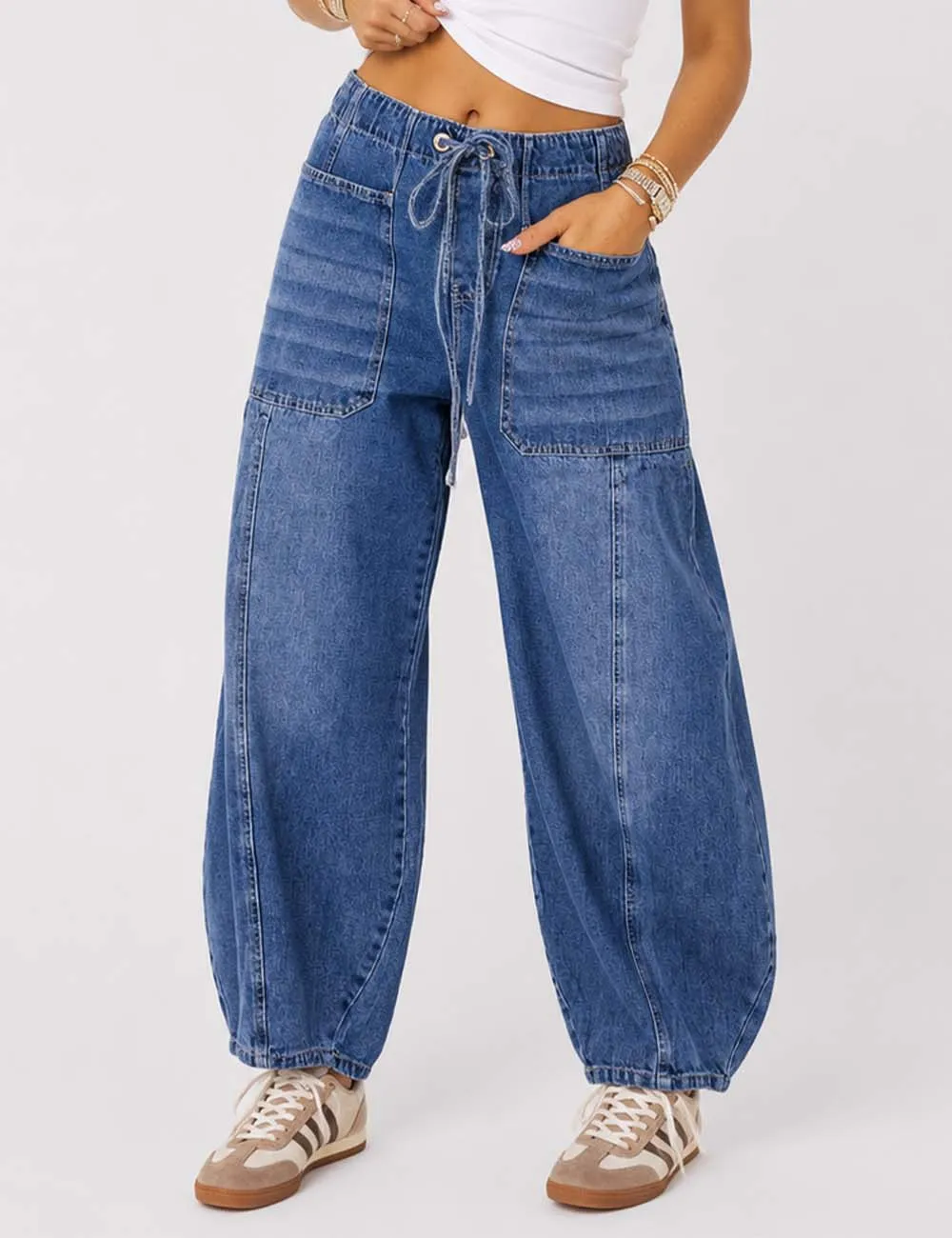 Elastic Waist String Pocket Denim Pants