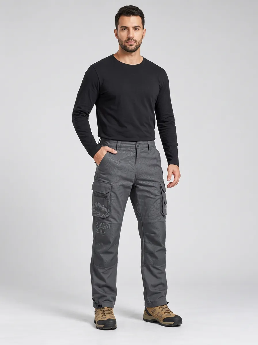 Men's Charcoal Grey Topographic Multi-Pocket Tactical Cargo Pants