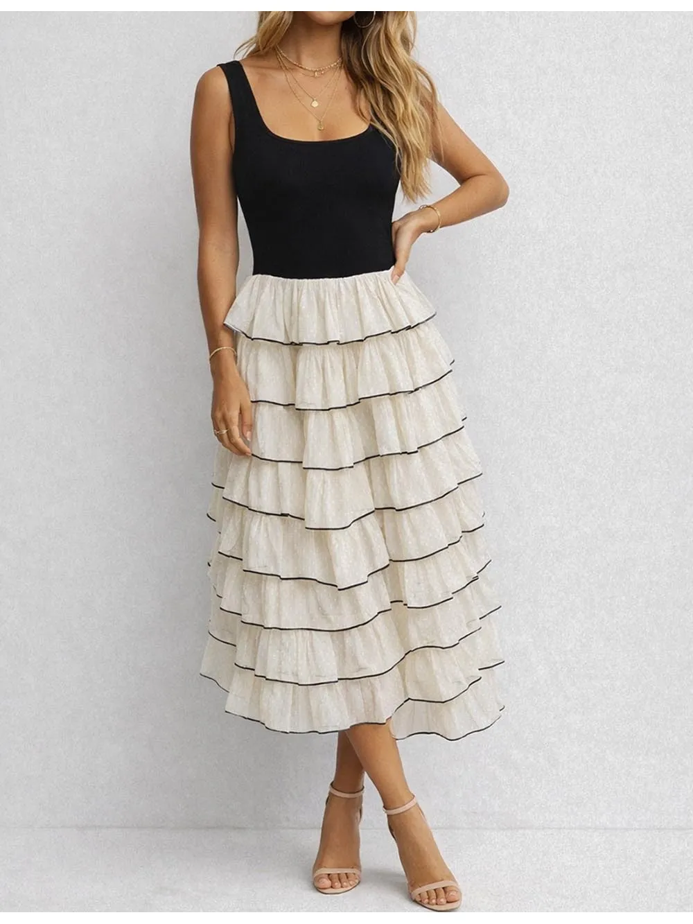 Chic Tiered Ruffle Scoop Neck Sleeveless Midi Dress