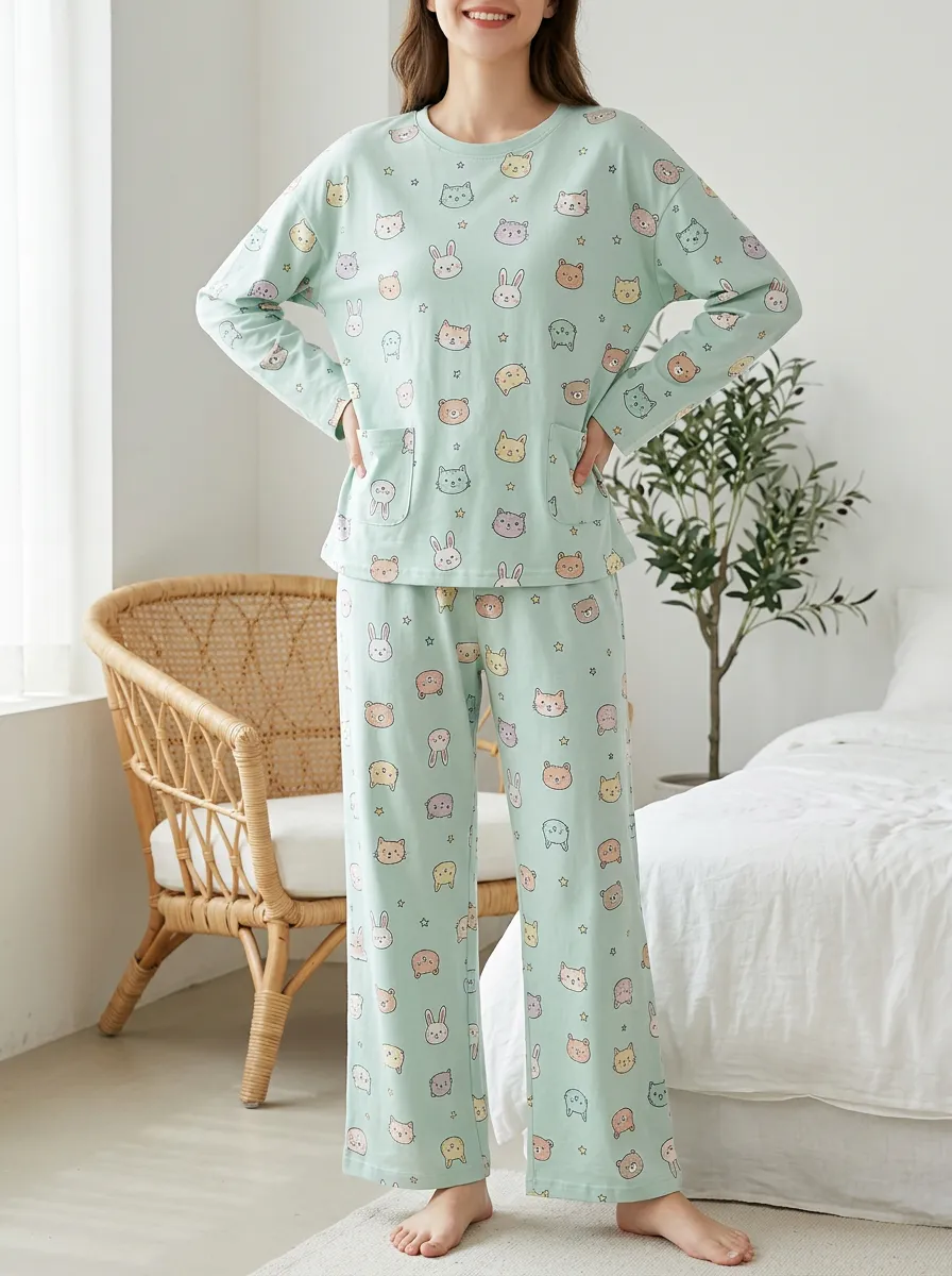Women's Animal Print Loungewear Set with Patch-Pocket Top