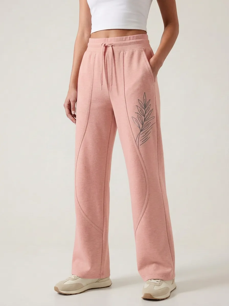 Women's Beige Graphic Detail Wide-Leg Sweatpants