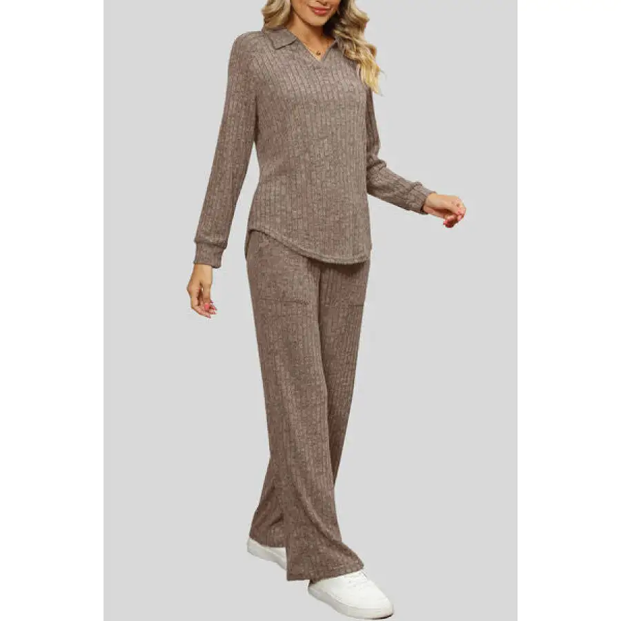 Ribbed Long Sleeve Top and Pocketed Pants Set