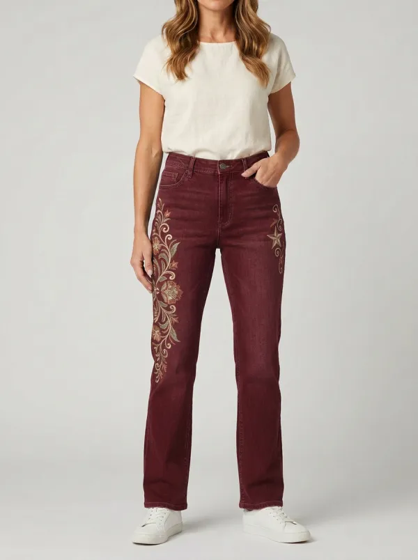 Women's Boho Style Floral Star Embroidered Printed Straight Leg Jeans