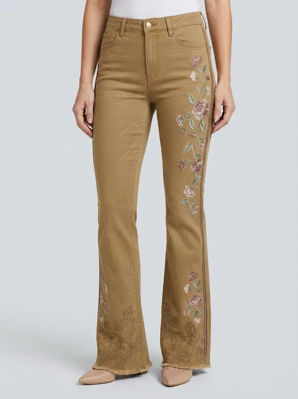 Women's Dark Wash Floral Embroidered Flare Jeans