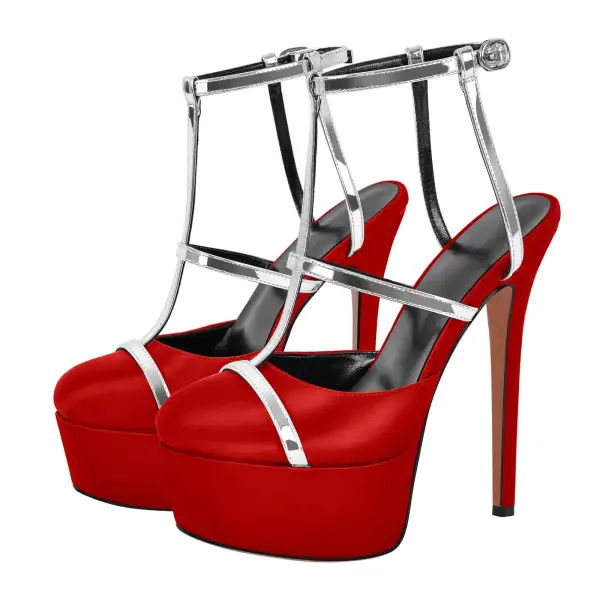 Modern Round Toe Platform Stiletto Ankle Strap Pumps