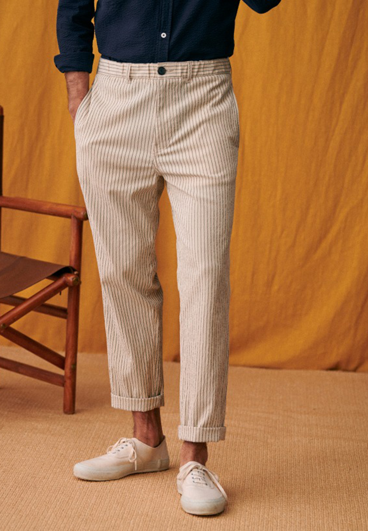 Shane Trousers-Seersucker Beige Green Stripes