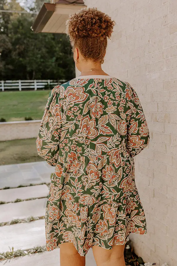 Pleated Floral V-Neck Long Sleeve Relaxed Mini Dress