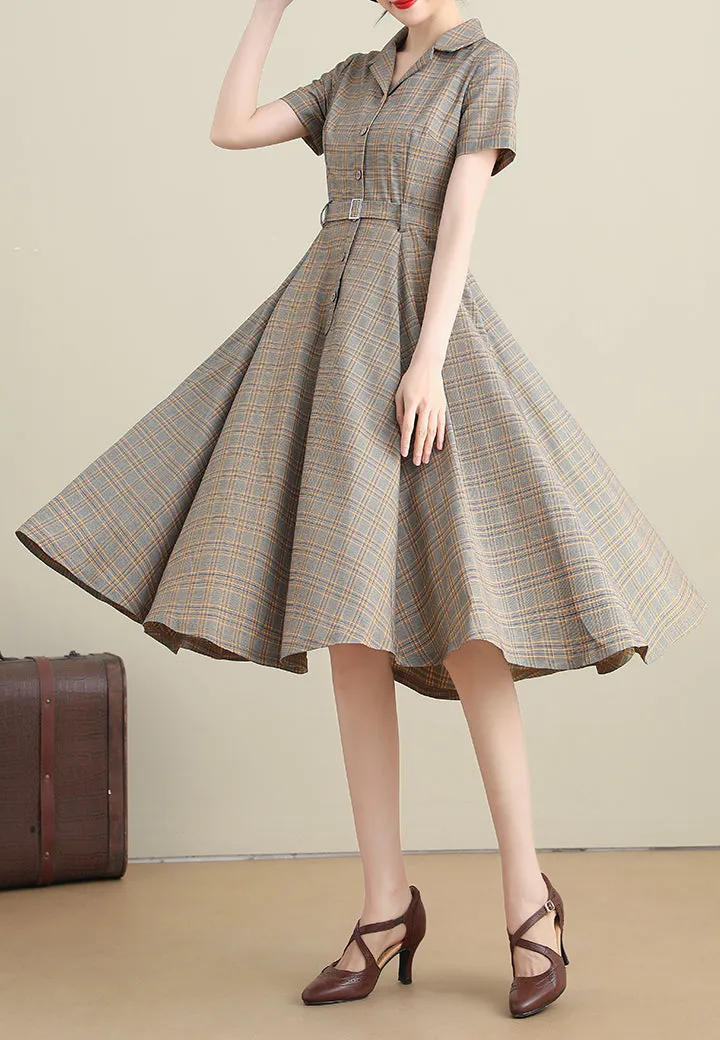 Plaid Linen Cotton Swing Notched Collar Short Sleeve Midi Dress