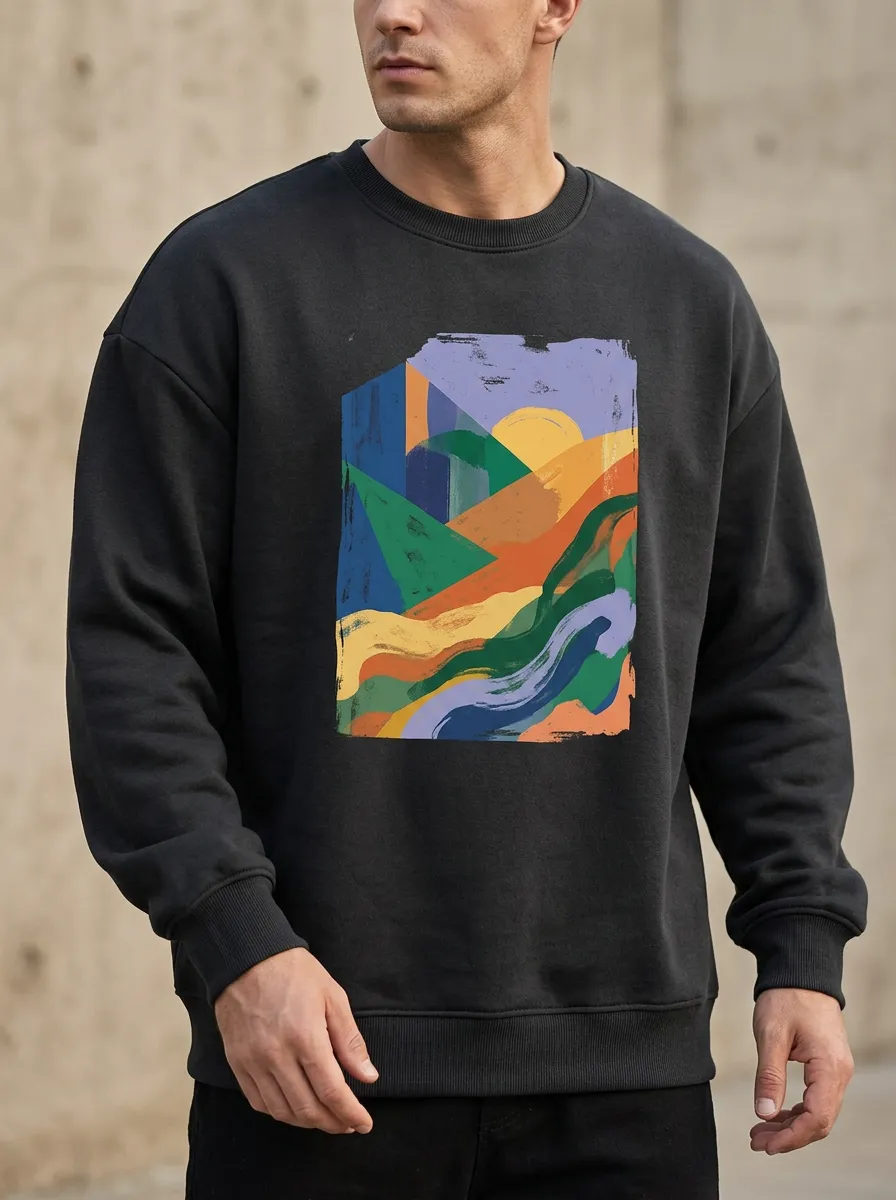 Men's Abstract Landscape Sun Mountains Printed Sweatshirt