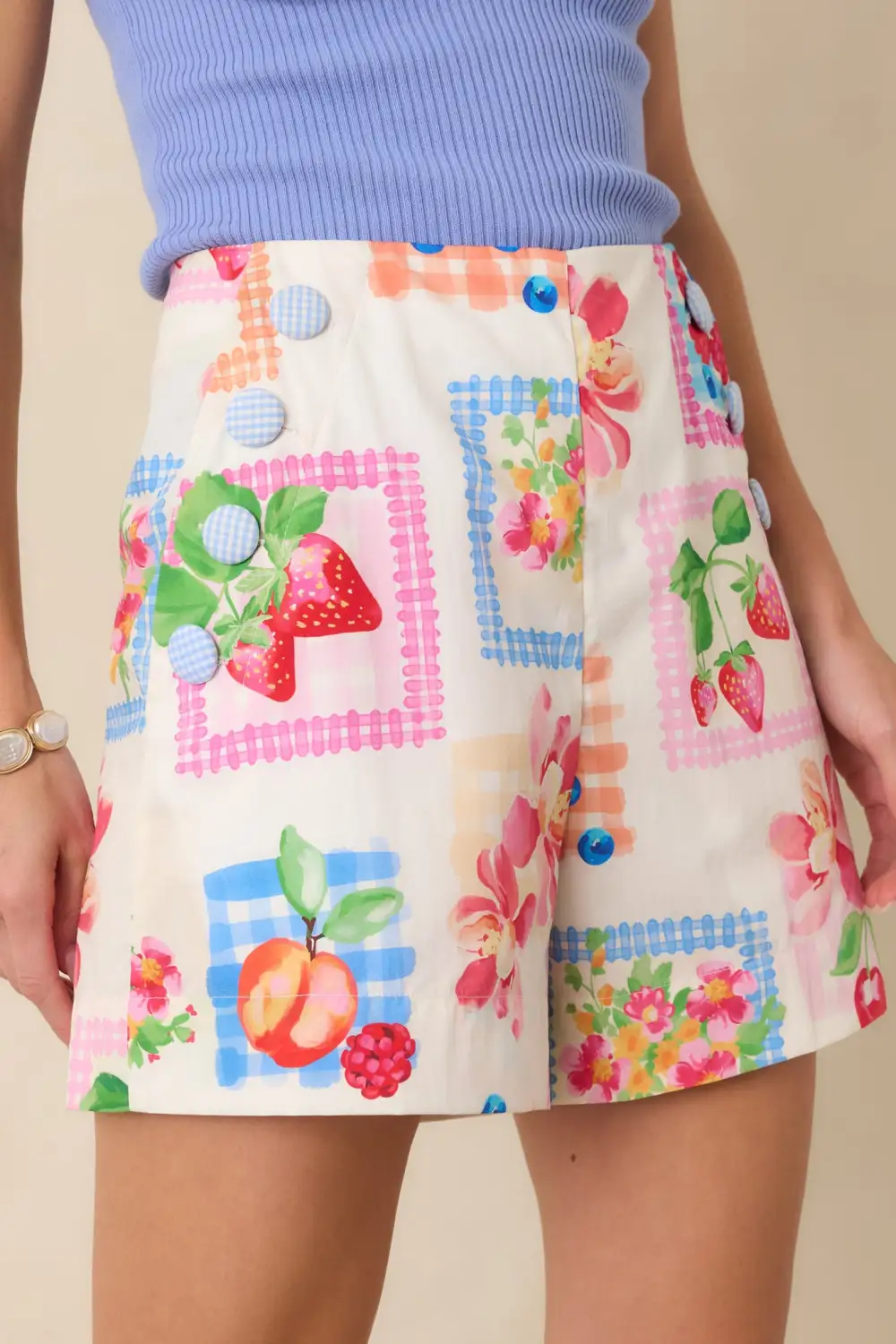 High-Rise Button-Detail Cotton Floral Gingham Shorts