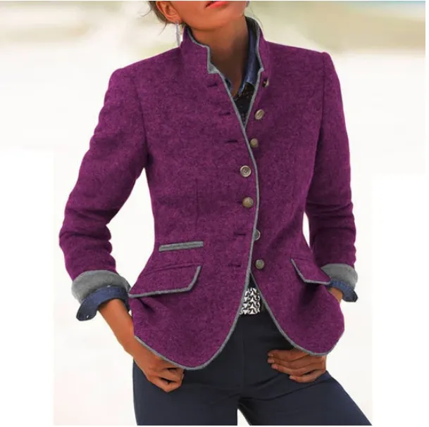 Wool Blend Stand Collar Button Front Jacket