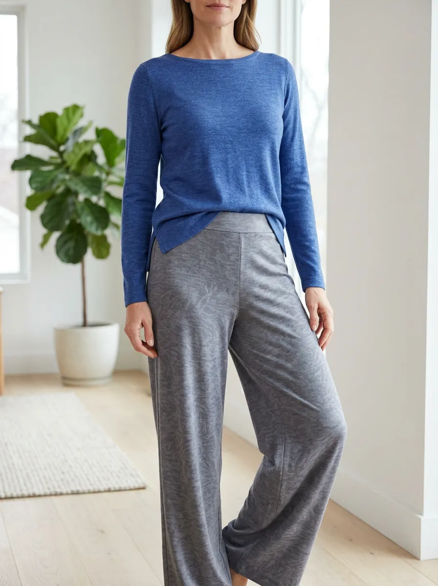 Women's Lounge Wear Long Sleeve Patterned Wide Leg Pants Set