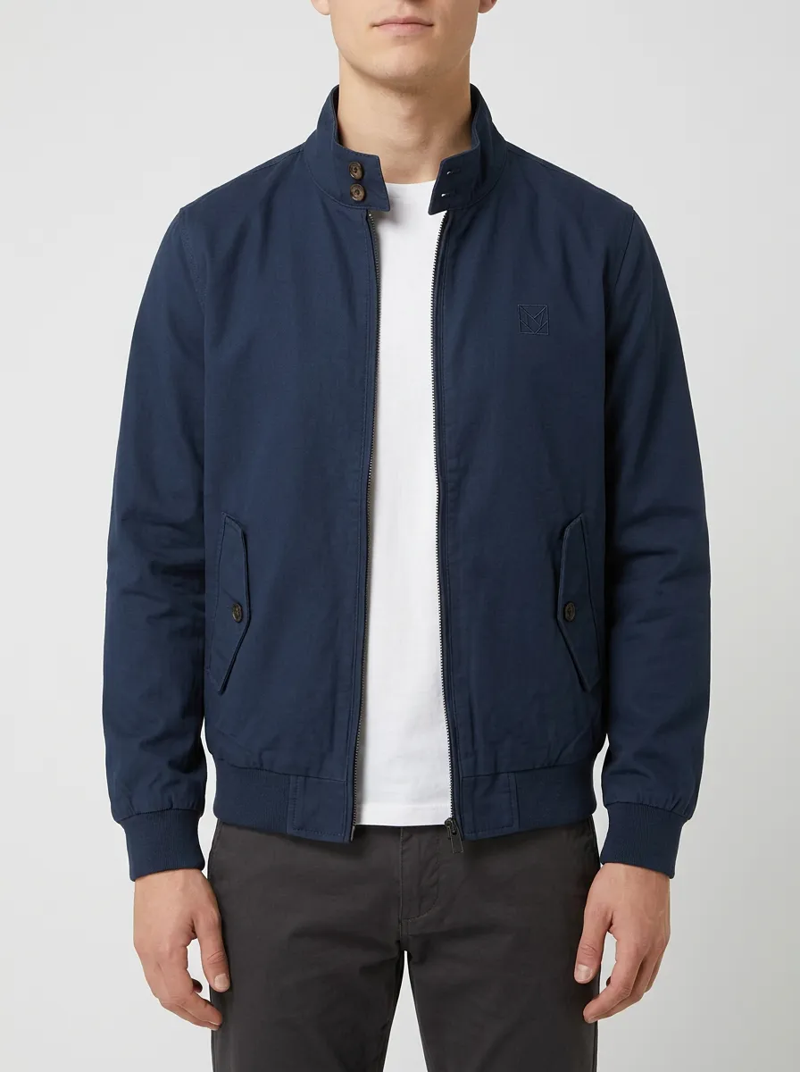 Men's Navy Stand Collar Casual Zip-Up Jacket