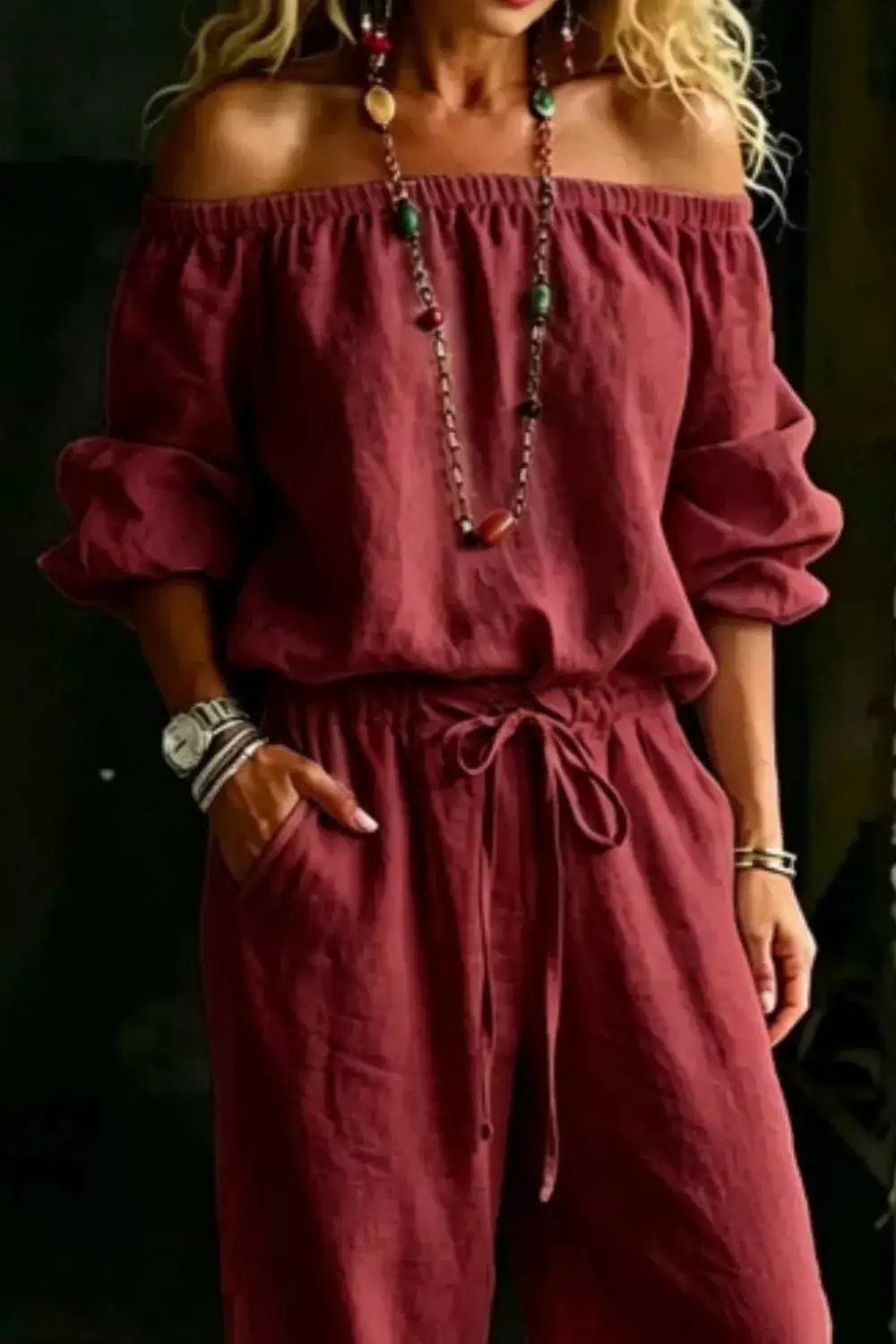 Full Size Off Shoulder Top and Pants Set Plus