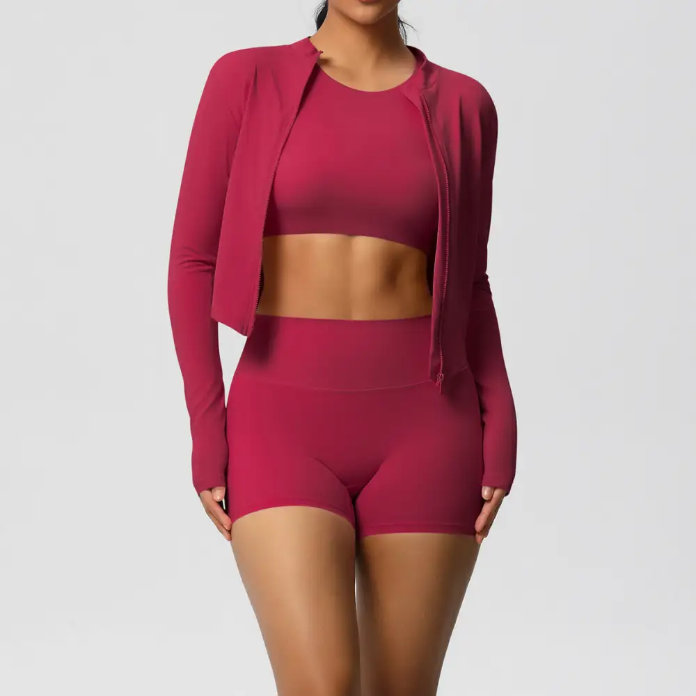 Zip-Front Long-Sleeve Jacket, Bra and Shorts Active Set