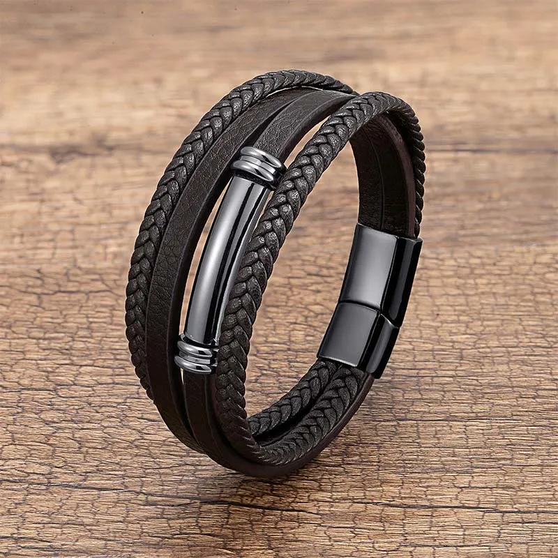 Multi Layered Simple Design Leather Titanium Steel Bracelet