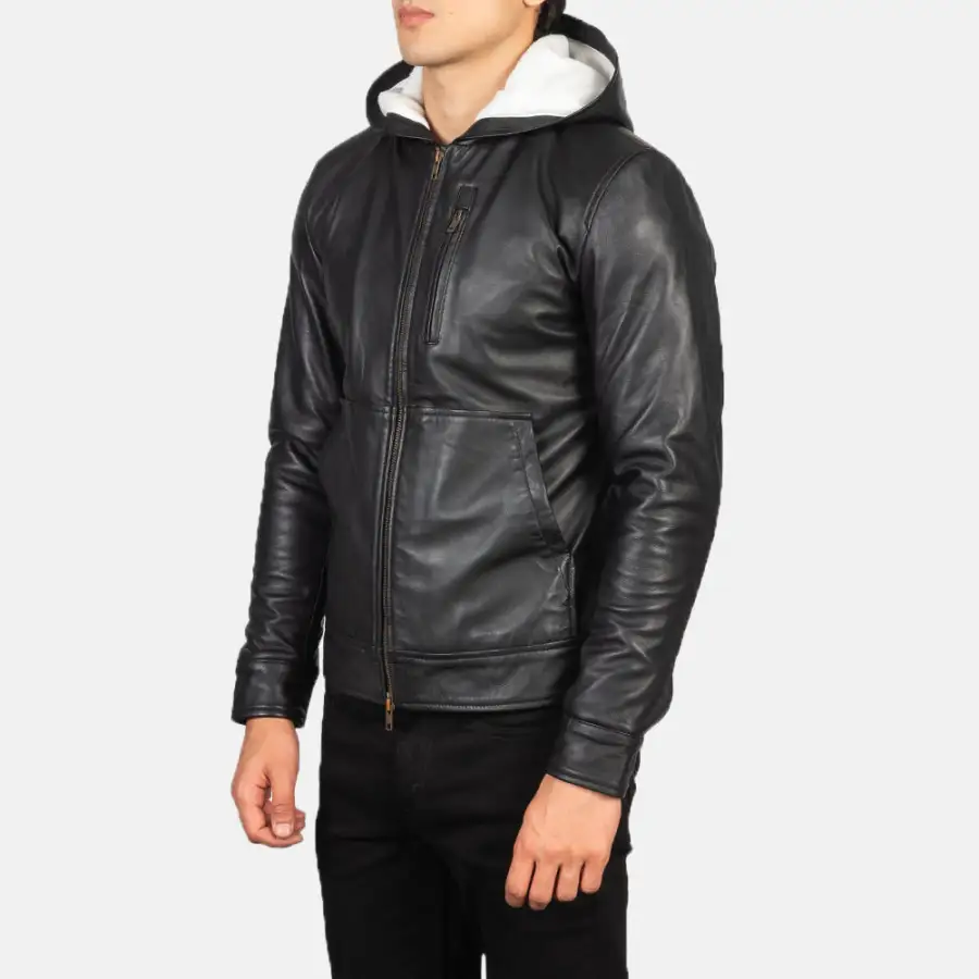 Men's Structured Bomber Hooded Leather Jacket