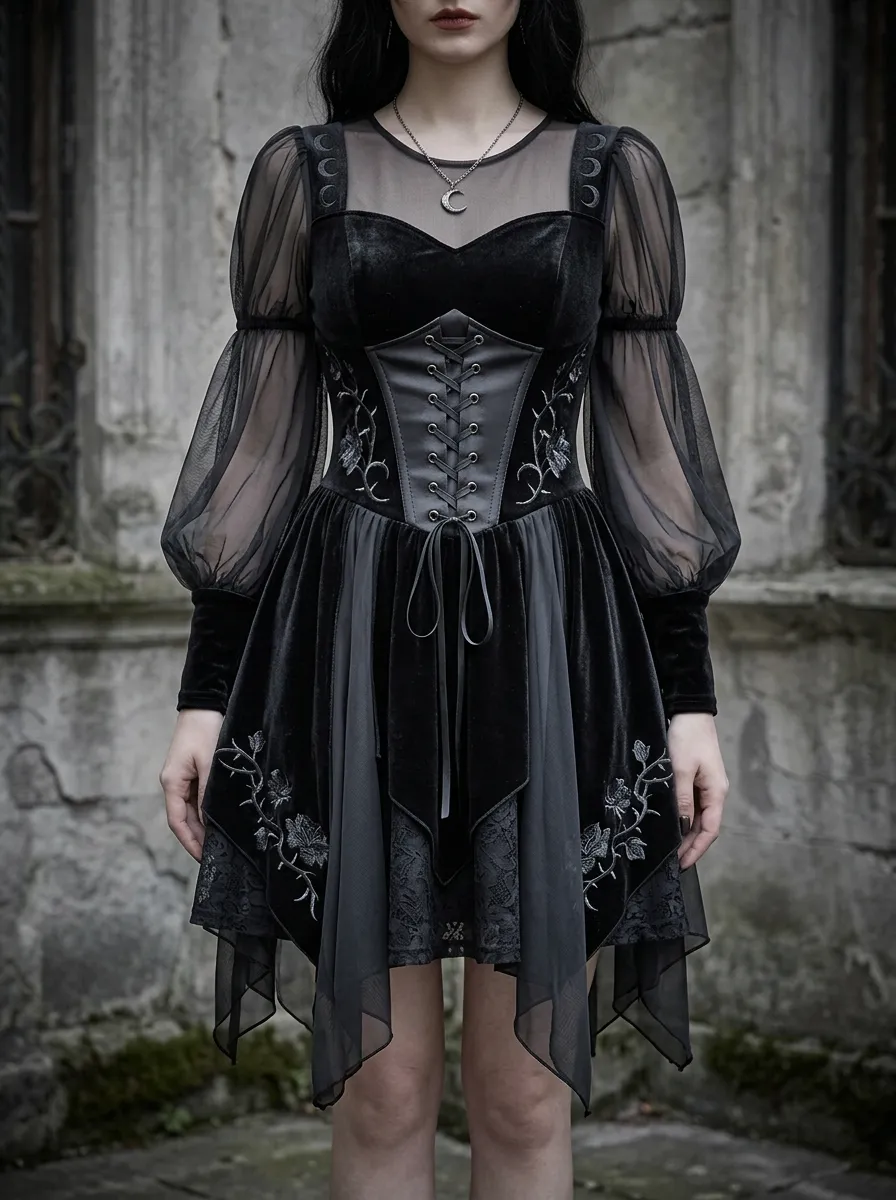 Women's Gothic Moon Floral Corset Lace-up Mesh Sleeve Mini Dress