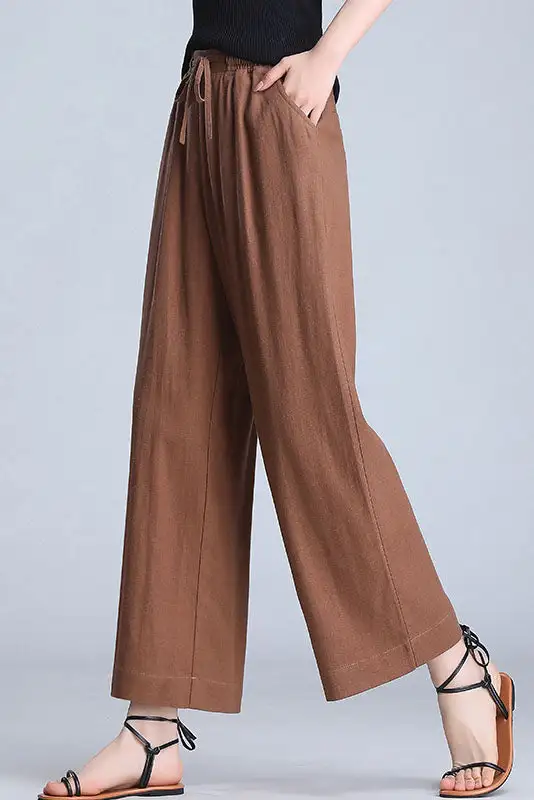 Structured Linen Wide Leg Elastic Waist Pocketed Trousers